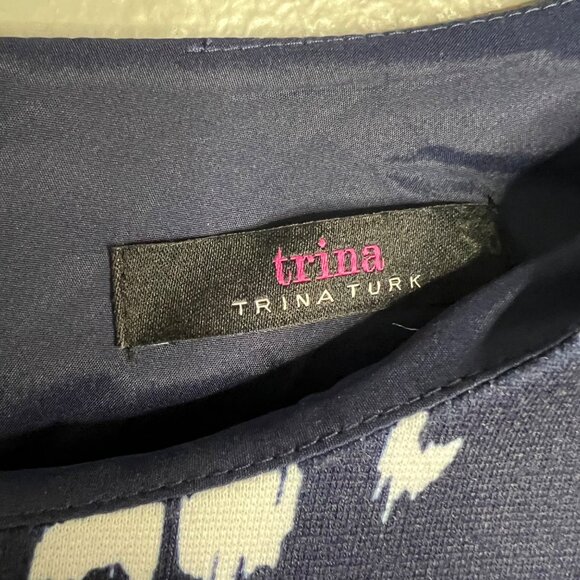 NWOT Trina Turk Navy & White Printed Mini Dress 3/4 Sleeve Fit and‎ Flare 2 - Picture 2 of 8